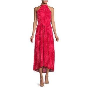 NINE.EIGHT WOMENS PLUS SIZE HELTER MAXI DRESS XXL POLKA DOT RED BELTED